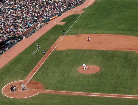 San Francisco Giants vs. Pirates: Pirate Garrett Jones wait for a incoming pitch from Jonathan Sanchez with a runner at 3rd taking a large lead, Eli Whiteside as catcher and the homeplate umpire behind him.  Taken at At&T Park San Francisco California on のeditorial素材