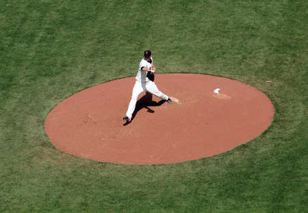 Pitcher Jonathan Sanchez about to release a pitch, taken at At&T Park San Francisco California on April 14, 2010.のeditorial素材