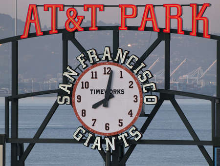 AT&T Park sign and Timeworks analog clock surrounded by the words San Francisco Giants.  Taken May 11, 2010 San Francisco, CA.のeditorial素材
