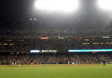 Cubs vs. Giants: Cubs Pitcher gets ready to throw pitch to Giants batter.  Taken from the under right field bleachers August 9 2010 at Att Park San Francisco Californiaのeditorial素材