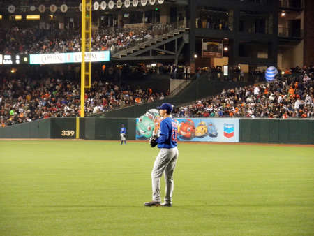 Cubs vs. Giants: Cub outfielders including Tyler Colvin stand around between plays.  Taken August 9 2010 at Att Park San Francisco Californiaのeditorial素材