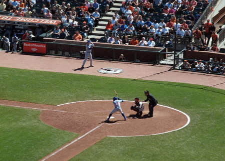 Giants Vs. Cubs:Giants Cubs Alfonso Soriano at bat with Giants Buster Posey Catching.  August 12  2010 Att Park San Francisco Californiaのeditorial素材