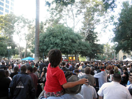 Foreverland plays in front of a large crowd at San Jose Music in the Park in the Downtown area.  Foreverland is a 14-piece tribute to one of the most amazing entertainers in the world, Mr. Michael Jackson. Taken August 5, 2010 Downtown San Jose, Californiのeditorial素材