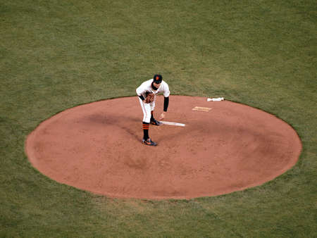 Giants Vs. Padres:Giants pitcher Barry Zito leans forwards standing on the mound looking towards the catcher.  Taken May 11 2010 at Att Park San Francisco Californiaのeditorial素材