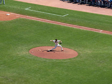 Giants Vs. Cubs: Giants Brian Wilson in throwing stepping forward on mound.  August 12  2010 Att Park San Francisco Californiaのeditorial素材