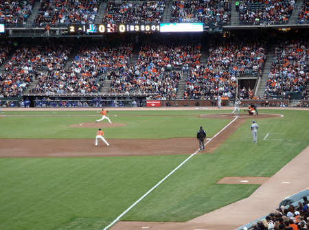 Dodger vs. Giants: Giants Tim Lincecum steps into a throwing pitch.  Taken from the 3rdbase line on July 30, 2010 Att Park in San Franciscoのeditorial素材