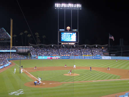 Dodgers vs. Astros: LA Dodger Manny Ramirez hits a ball between third and short. Taken at Dodger Stadium Los Angeles, California May 18, 2010.  のeditorial素材