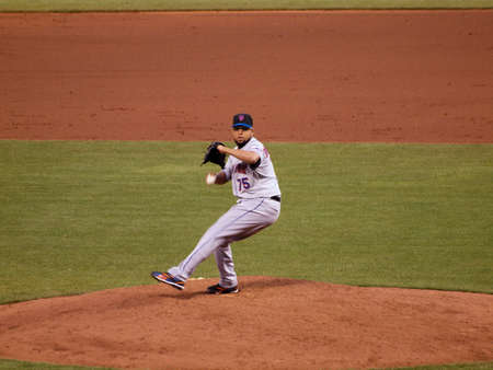 New York Mets vs. San Francisco Giants:  Mets Francisco Rodriguez in motion to throw pitch from the mound.  Taken July 17 2010 at the ATT Park San Francisco.のeditorial素材