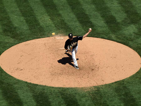 Blue Jays vs. Athletics: Athletics Gio Gonzalez steps to throw pitch.  Taken on August 18 2010 at Coliseum in Oakland California.のeditorial素材
