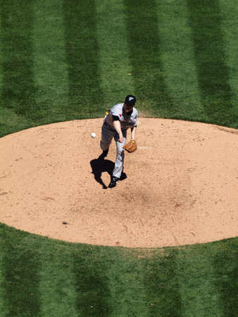 Blue Jays vs. Athletics: Blue Jays pitcher Jason Frasor throws pitch from mound.  Taken on August 18 2010 at Coliseum in Oakland California.のeditorial素材