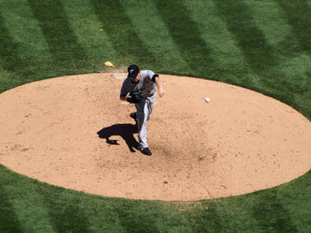Blue Jays vs. Athletics: Blue Jays Pitcher Marc Rzepczynski throws a pitch, ball soars though air.  Taken on August 18 2010 at Coliseum in Oakland California.のeditorial素材