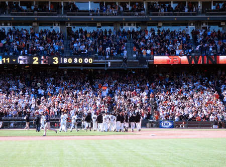 San Diego Padres Vs. Giants Celebrate a win with their fans   Taken August 14 2010 at ATT Park in San Francisco California.のeditorial素材