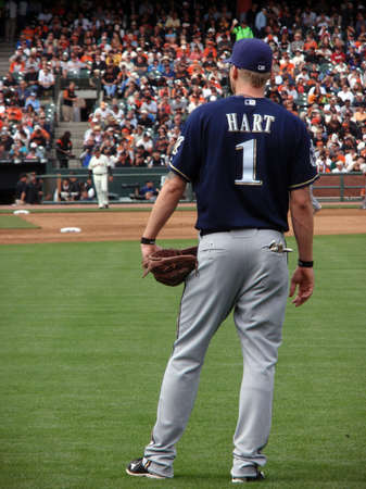 Brewers vs. Giants: Number One, Brewers Corey Hart stands in the right field between playsg.  September 19 2010 at the ATT Park San Francisco California.のeditorial素材