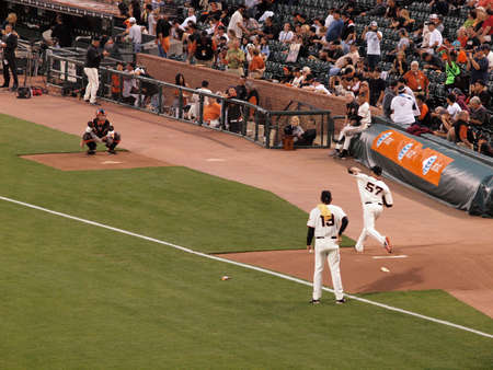 Diamondbacks vs. Giants: Giants Jonathan Sanchez warms up in bullpen before the start of game. taken on September 28 2010 at Att Park in San Francisco California.のeditorial素材