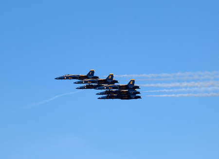 SAN FRANCISCO - OCTOBER 9: Six Blue Angels fly in tight formation as afterburns fire taken October...
