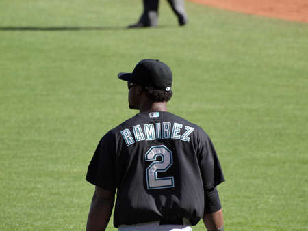 SAN FRANCISCO, CA - JULY 28: Giants Vs. Marlins: Close-up of Marlins Hanley Ramirez backside with name on jersey visible at AT&T Park July 28, 2010 in San Francisco, California. のeditorial素材