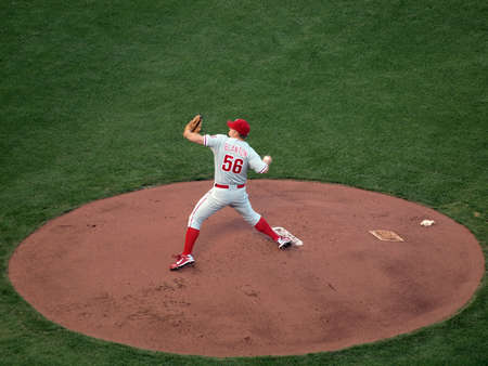 SAN FRANCISCO, CA - OCTOBER 20: San Francisco Giants vs. Philadelphia Phillies: Philadelphia Phillies Joe Blanton steps forward to throw pitch from mound game four of the NLCS 2010 taken October 20, 2010 AT&T Park San Francisco California. のeditorial素材
