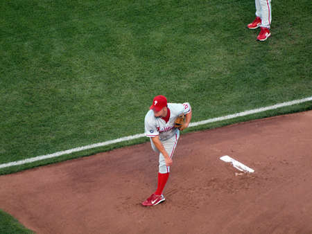 SAN FRANCISCO, CA - OCTOBER 20: San Francisco Giants vs. Philadelphia Phillies: Philadelphia Phillies Joe Blanton warms up in bullpen before the start of game four of the NLCS 2010 taken October 20, 2010 AT&T Park San Francisco California. のeditorial素材