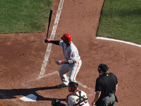 SAN FRANCISCO, CA - OCTOBER 20: Giants vs. Phillies: Phillies Ryan Howard holds bat in the air in...