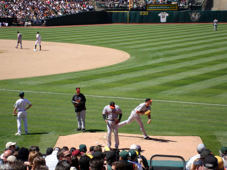 OAKLAND, CA - MAY 23: San Francisco Giants Vs. Oakland Athletics: Giants Relievers Jeremy Affeldt and Santiago Casilla warm up in the bullpen during game May 23 2010 at Coliseum Oakland California. のeditorial素材