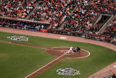 SAN FRANCISCO, CA - OCTOBER 28: Giants Buster Posey stands in the batters box waiting for upcoming pitch with Matt Treanor catching game 2 of the 2010 World Series game between Giants and Rangers Oct. 28, 2010 AT&T Park San Francisco, CA. のeditorial素材