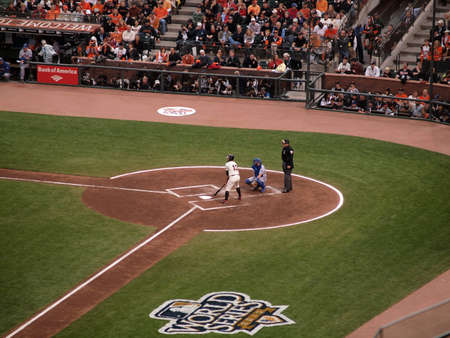 SAN FRANCISCO, CA - OCTOBER 28:Giants Cody Ross lowers bat as he prepares in the batters box with Matt Treanor catching game 2 of the 2010 World Series game between Giants and Rangers Oct. 28, 2010 AT&T Park San Francisco, CA. のeditorial素材