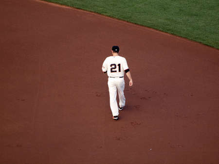 SAN FRANCISCO, CA - OCTOBER 28: Giants Freddy Sanchez walks out to second base position to prepare for start of inning game 2 of the 2010 World Series game between Giants and Rangers Oct. 28, 2010 AT&T Park San Francisco, CA. のeditorial素材