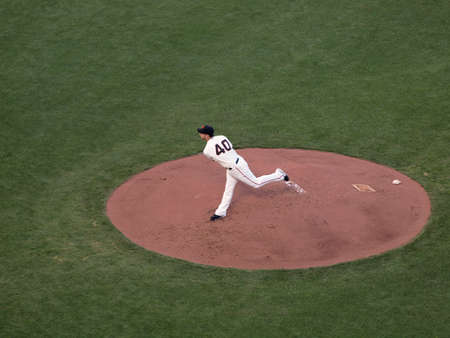 SAN FRANCISCO, CA - OCTOBER 20: Giants Madison Bumgarner finishes throwing pitch on mound game 4 of the 2010 NLCS game between Giants and Phillies Oct. 20, 2010 AT&T Park San Francisco, CA. のeditorial素材