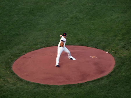 SAN FRANCISCO, CA - OCTOBER 20: Giants vs. Phillies: Madison Bumgarner steps forward and reaches arm back to throws pitch from mound game 4 of the NLCS 2010 October 20, 2010 AT&T Park San Francisco. のeditorial素材
