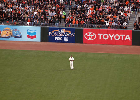 SAN FRANCISCO, CA - OCTOBER 20: Giants Pat Burrell stands in Left field between plays game 4 of the 2010 NLCS game between Giants and Phillies Oct. 20, 2010 AT&T Park San Francisco, CA. のeditorial素材