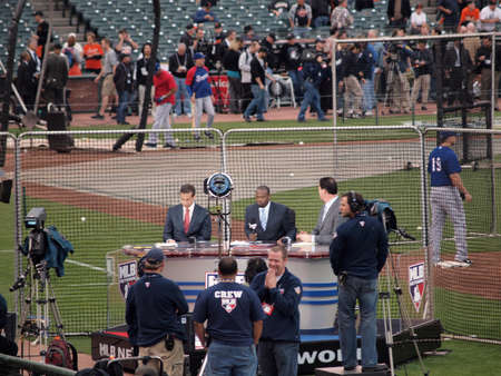 SAN FRANCISCO, CA - OCTOBER 28: MLB Network Broadcast team gets ready for pre-game TV show live and on location at game 2 of the 2010 World Series game between Giants and Rangers Oct. 28, 2010 AT&T Park San Francisco, CA. のeditorial素材