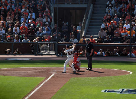 SAN FRANCISCO, CA - OCTOBER 19: Giants vs. Phillies: batter Buster Posey stands in the batters box with Carlos Ruiz catching game three of the NLCS 2010 October 19, 2010 AT&T Park San Francisco. のeditorial素材