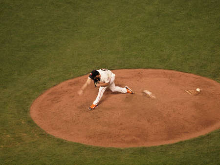 SAN FRANCISCO, CA - OCTOBER 20: Giants closer Brian Wilson steps forward as he finishes a throw pitch game 4 of the 2010 NLCS game between Giants and Phillies Oct. 20, 2010 AT&T Park San Francisco, CA. のeditorial素材
