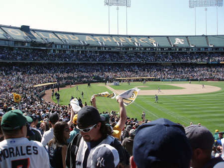 OAKLAND, CA - APRIL 15: Yankees vs A's: Oakland A's Fans and team celebrate walk off homerun by Marco Scutaro off Mariano Rivera   Taken April 15 2007 at the Coliseum in Oakland California.のeditorial素材