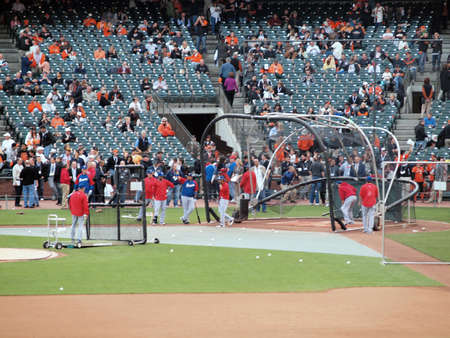 SAN FRANCISCO, CA - OCTOBER 28: Rangers take batting practice before the start of game 2 2010 World Series game between Giants and Rangers Oct. 28, 2010 AT&T Park San Francisco, CA. のeditorial素材