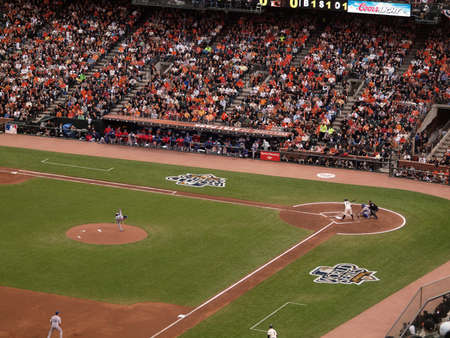SAN FRANCISCO, CA - OCTOBER 28: Giants Cody Ross moves out of the way of incoming pitch from CJ Wilson game 2 2010 World Series game between Giants and Rangers Oct. 28, 2010 AT&T Park San Francisco, CA.のeditorial素材