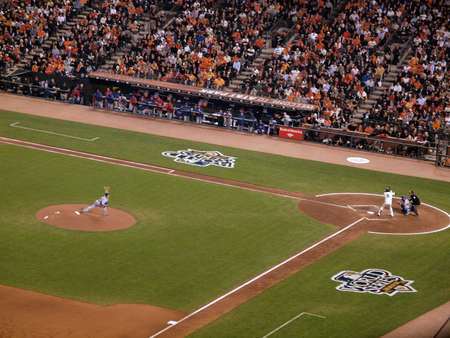 SAN FRANCISCO, CA - OCTOBER 28: Rangers Pitcher CJ Wilson throws ball to batter Juan Uribe game 2 of the 2010 World Series game between Giants and Rangers Oct. 28, 2010 AT&T Park San Francisco, CA. のeditorial素材