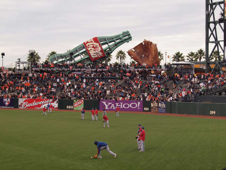 SAN FRANCISCO, CA - OCTOBER 28: Rangers player fields balls in the outfield during batting practice game 2 of the 2010 World Series game between Giants and Rangers Oct. 28, 2010 AT&T Park San Francisco, CA. のeditorial素材