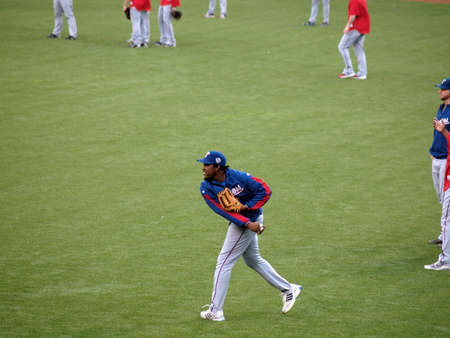 SAN FRANCISCO, CA - OCTOBER 28: Rangers Vladimir Guerrero throws ball in the outfield to warm-up before game 2 of the 2010 World Series game between Giants and Rangers Oct. 28, 2010 AT&T Park San Francisco, CA. のeditorial素材