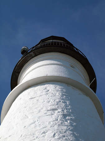 Looking up at white lighthouse tower. Portland Head Lighthouse, Cape Elizabeth Portland, ME. Historic Lighthouse first lit on January 10, 1791.の写真素材
