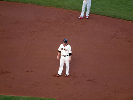 SAN FRANCISCO, CA - OCTOBER 20: Giants Freddy Sanchez standing as he takes lead from second base game 4 of the 2010 NLCS game between Giants and Phillies Oct. 20, 2010 AT&T Park San Francisco, CA. のeditorial素材