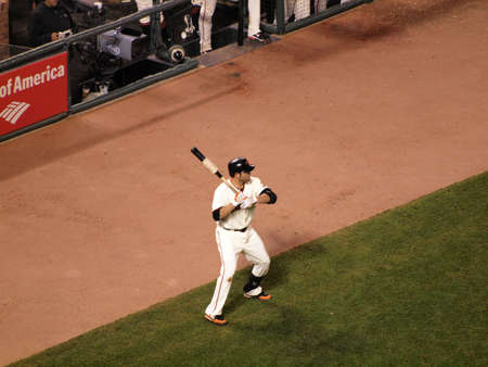 SAN FRANCISCO, CA - OCTOBER 20: Giants vs. Phillies: Giants Freddy Sanchez stands in the on-deck circle game four of the NLCS 2010 October 20, 2010 AT&T Park San Francisco. のeditorial素材