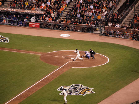 SAN FRANCISCO, CA - OCTOBER 28: Giants Juan Uribe connects with ball as it flies away game 2 of the 2010 World Series game between Giants and Rangers Oct. 28, 2010 AT&T Park San Francisco. のeditorial素材