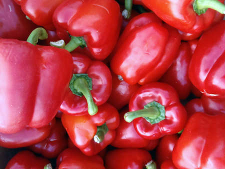 Pile of Fresh red peppers for sale at Farmers Market in Oahu, Hawaii.の写真素材