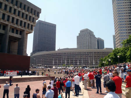BOSTON - JUNE 1: Man makes speech at Rally of the Fire Fighters in the center of Boston to show their displeasure with pay cuts, layoffs, and lack of labor contract. June 1, 2010 Boston MA. のeditorial素材