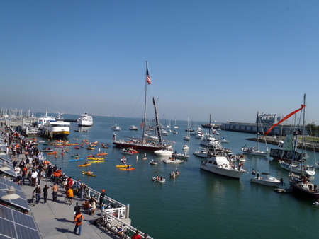 SAN FRANCISCO, CA - OCTOBER 19: People walk along promenade with boats filling McCovey Cove before start of game 3 2010 NLCS game between Giants and Phillies Oct. 19, 2010 AT&T Park San Francisco, CA. のeditorial素材