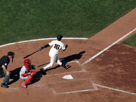 SAN FRANCISCO, CA - OCTOBER 19: Giants batter Edgar Renteria swing and misses pitch, game three of the NLCS 2010 on October 19, 2010 at AT&T Park San Francisco. のeditorial素材