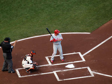 SAN FRANCISCO, CA - OCT. 20: Shane Victorino waits on incoming pitch with Buster Posey catching during game 4 of the 2010 NLCS game between the Giants & Phillies ib Oct. 20, 2010 at AT&T Park in San Francisco, CA. のeditorial素材