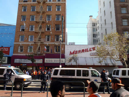SAN FRANCISCO, CA - NOVEMBER 3: Police officers and vehicles hang out on a closed market street keeping the peace after Giants World Series Parade Nov. 3, 2010 San Francisco, CA. のeditorial素材