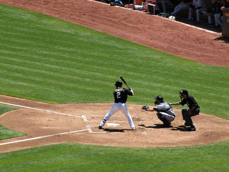 Blue Jays vs. Athletics: Athletics Cliff Pennington stands in batters box waiting on pitchg.  Taken on August 18 2010 at Coliseum in Oakland California.のeditorial素材